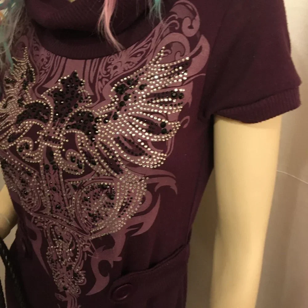 RARE FIND y2k deep purple dereon sweater dress with crystal details! - Picture 7 of 16
